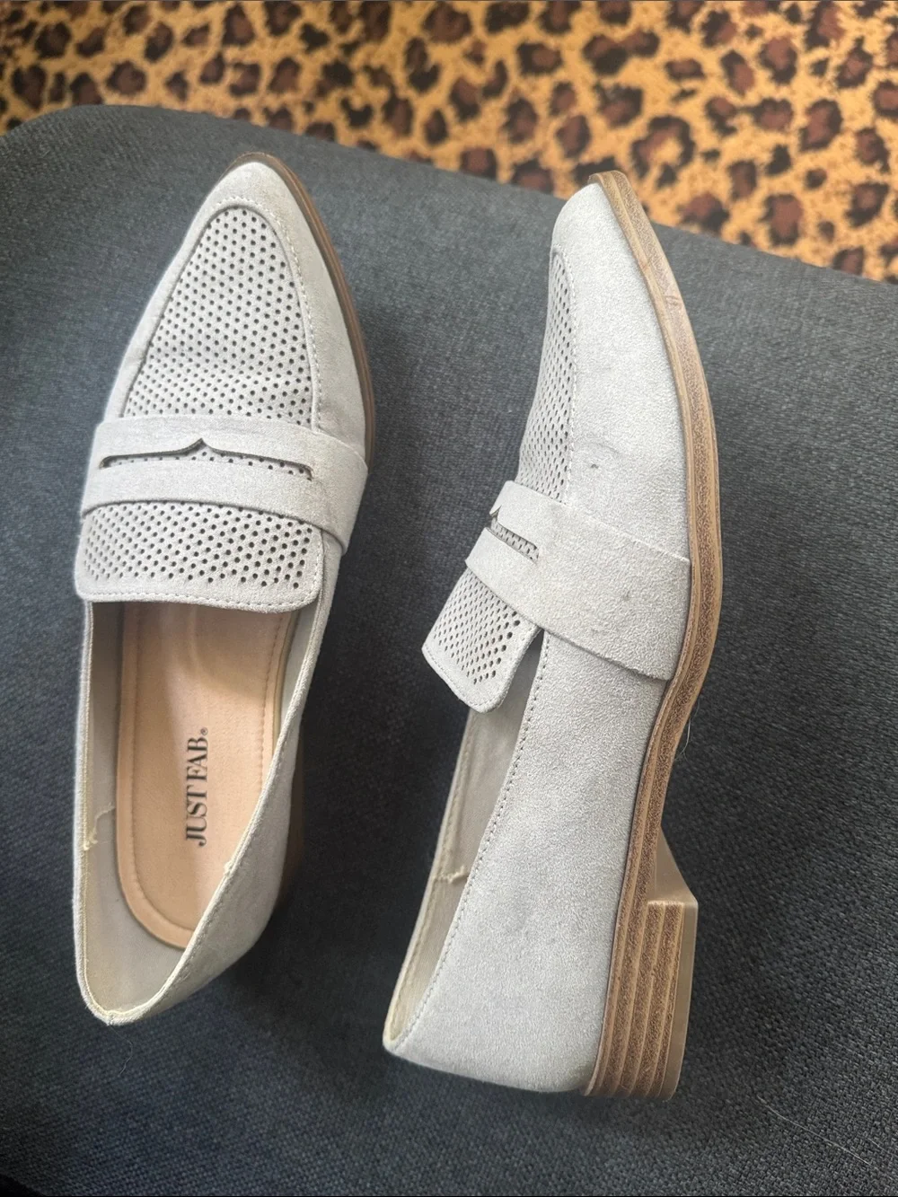 JustFab Light Gray Perforated Suede Penny Loafers